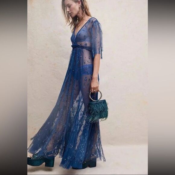 Free People Dresses & Skirts - Free People Sheer Embellished Maxi Dress in Deep Blue
